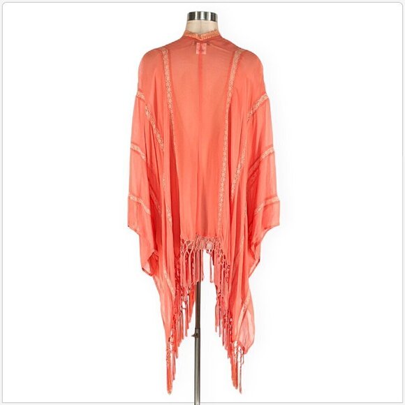 Free People Muche Et Muchette Rory Ruana Shawl Fringe Wrap Coral Peach Boho O/S - Picture 3 of 8